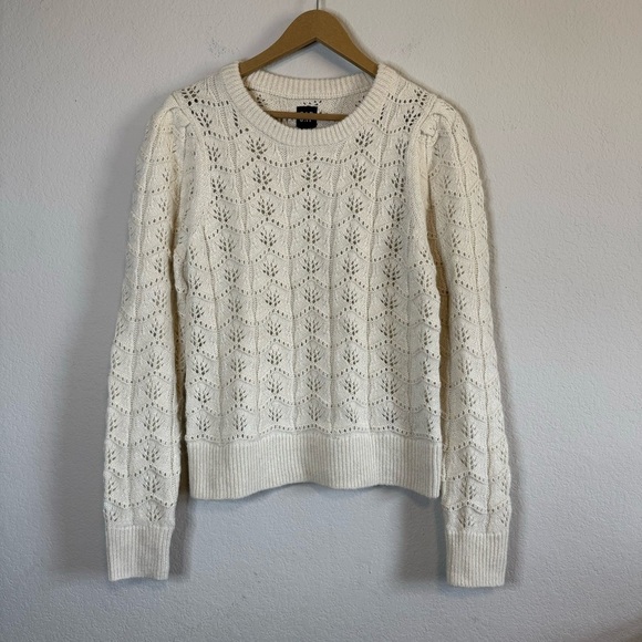 Gap Pointelle Knit Ivory Winter White Wool Alpaca Blend Long Sleeve Crewneck - Picture 2 of 11